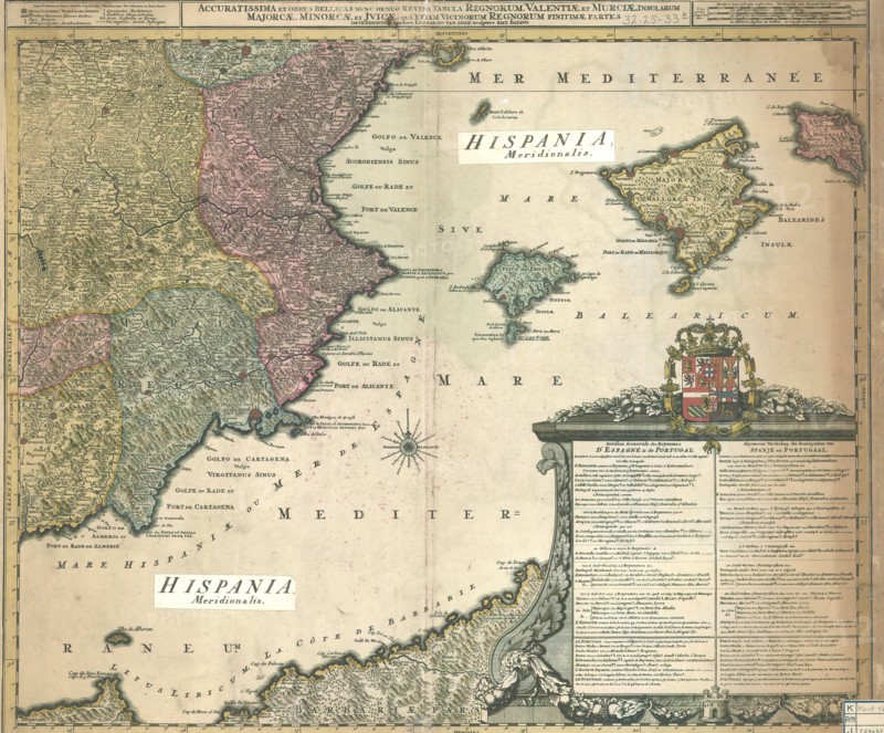 Map, Accuratissima et obres bellicas denuo revisa tabula regnorum, Valentiae et Murciae, insularum Majorcae, Minorcae et Jvicae, quâ etiam vicinorum regnorum finitimae partes ostenduntur, Luggert van Anse, Copperplate print