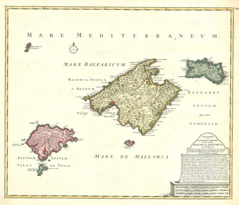Map, Baleares seu Gymnesiae et Pityvsae insulae, dictae Maiorca, Minorca et Yvica, Reinier Ottens (1698-1750), Copperplate print