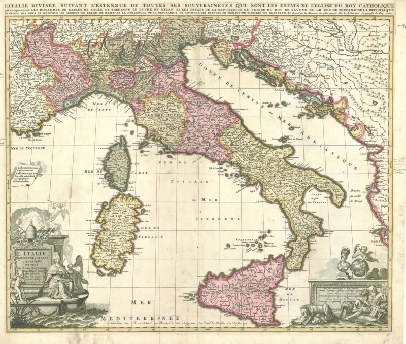 Map, L'Italie distinguée juivantl'estendiie de tous les estats royaumes republiques duchés principautés, Guillaume Sanson (-1703), Copperplate print
