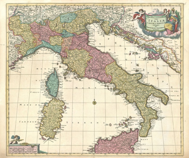 Map, Novissima et accuratissima totius Italiae Corsicae et Sardiniae descriptio, Theodorus Danckerts (1663-1727), Copperplate print