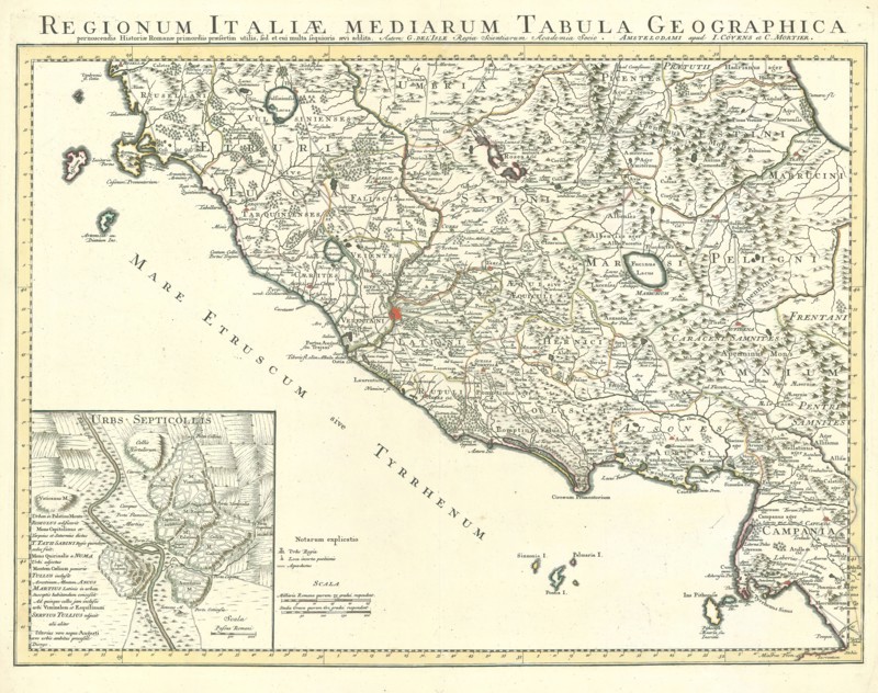 Map, Regionum Italiae mediarum tabula geographica pernoscendis historiae Romanae primordiis praesertim utilis, sed ut cui multa sequioris aevi addita, Guillaume Delisle (1675-1726), Copperplate print