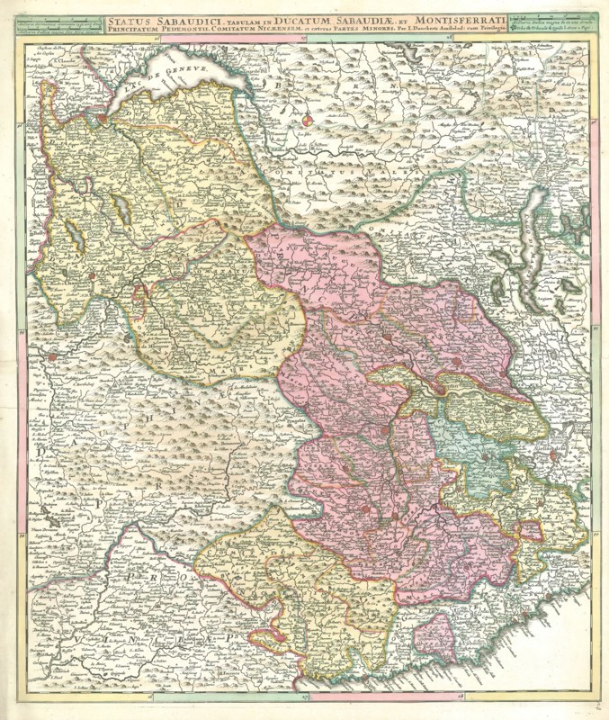 Map, Status Sabaudici, tabulam in ducatum Sabaudiae, et Montisferrati principatum Pedemontii, comitatum Nicaeensem, et caeteras partes minores, Justus Danckerts (1635-1701), Copperplate print