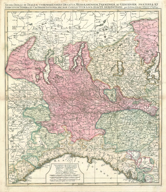 Map, Sedes belli in Italia, comprehendens ducatus Mediolanensem, Parmensem, ac Genuensem; praeterea et exercituum itinera et castrametationes, nec non conflictuum loca exactè demonstrans, Petrus Schenk (1693-1775), Copperplate print