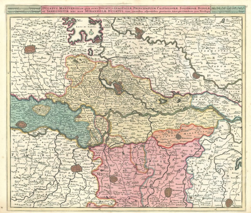 Map, Ducatus Mantuensis, in qua sunt ducatus Guastallae, principatuum Castiglionae, Solverinae, Bosolae et Sabbionettae nec non Mirandolae ducatus cum omnibus adjacentibus provinciis, Justus Danckerts (1635-1701), Copperplate print