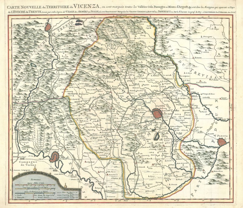 Map, Carte nouvelle du territoire de Vicenza, où sont marquées toutes les vallées, cols, passages et mines d'argent, qui sont dans les montagnes qui separent ce pays de l'éveché de Trente, Guillaume Sanson (-1703), Copperplate print