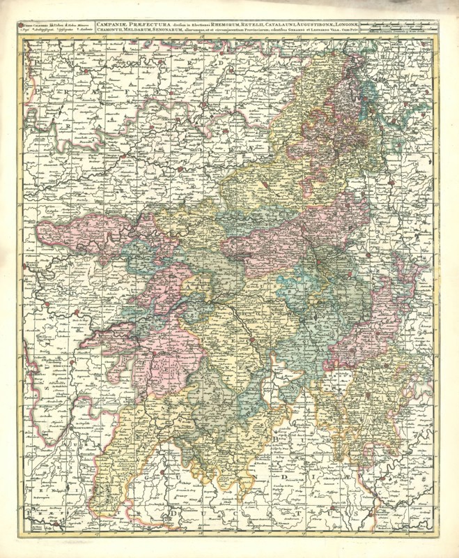 Map, Campaniae praefectura divisum in electiones Rhemorum, Retelii, Catalauni, Augustibonae, Longonae, Chamontii, Meldarum, Senonarum, aliarumque, ut et circumjacentium provinciarum, Copperplate print