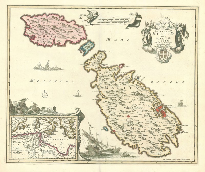 Map, Insularum Melitæ vulgo Maltæ et Gozæ novissima delineatio, Nicolaes Jansz. Visscher (1618-1679), Copperplate print