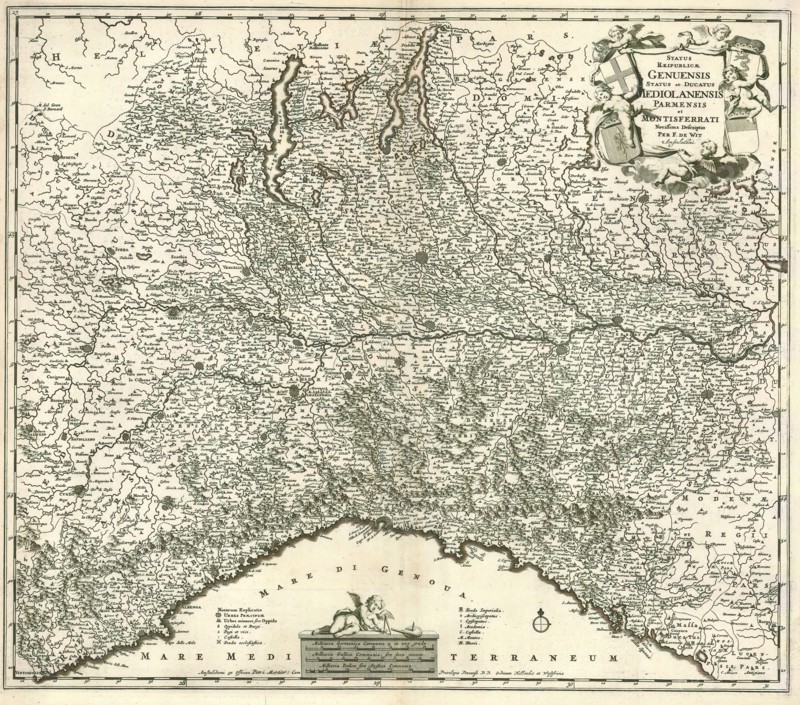 Map, Status reipublicae Genuensis status et ducatus Mediolanensis Parmensis et Montisferrati novissima descriptio, Frederick de Wit (1630-1706), Copperplate print