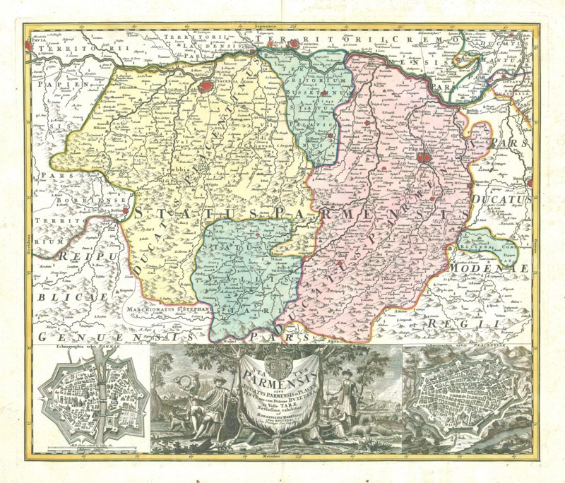 Map, Statvs Parmensis sive dvcatvs Parmensis et Placentinvs una cum ditione Bvxetana et Valle Tarae novissime exhibitus, Copperplate print