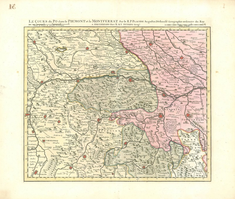Map, Le cours du Po dans le Piemont et le Montferrat, Placide de Sainte Hélène (1648-1734), Copperplate print
