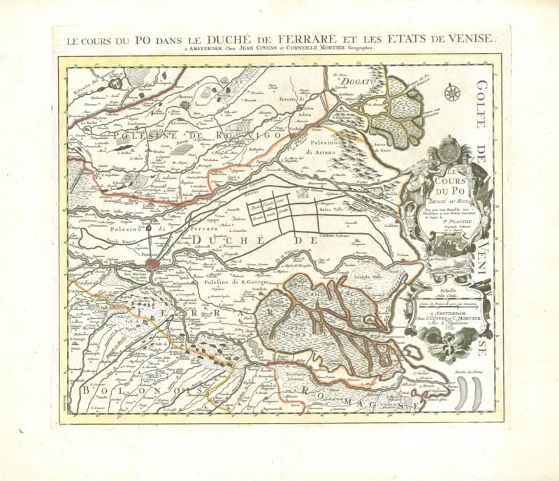 Map, Le cours du Po dans le duché de Ferrare et les etats de Venise, Placide de Sainte Hélène (1648-1734), Copperplate print
