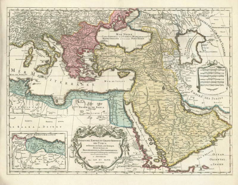 Map, Estats del'empire du grand seigneur des Turcs en Europe, en Asie, et en Afrique, divisé en tous ses Beglerbeglicz, ou Gouvernements où sont aussi remarqués les estats qui luy sont tributaires, Copperplate print