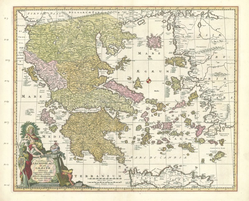 Map, Exactissima totius Archipelagi nec non Graeciae tabula in qua omnes subjacentes regiones et insulae distincte ostenduntur, Nicolaes Jansz. Visscher (1649-1702), Copperplate print