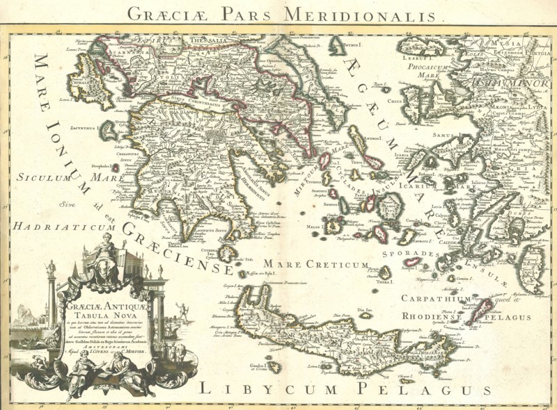 Map, Graeciae antiquae tabula nova in qua locorum situs tum ad distantias itinerarias tum ad observationes astronomicas exactus litorum flexurae et alia id genus ad accuratas recentiorum rationes accomodatae sunt, Guillaume Delisle (1675-1726), Copperplate print