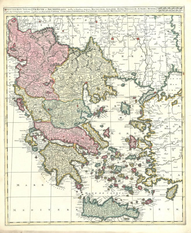 Map, Graeciae et Archipelago divisus in singulares regiones Macedoniae, Albaniae, Epiri, Thessaliae, Achaiae et Moreae, quibus accedunt insulae Candia, Corcyra, Cephalonia, Zacyntho, Stalimine, Metelino, Chius, etc, Copperplate print