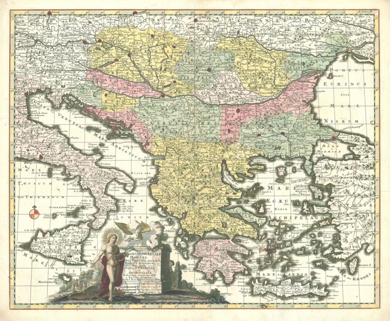 Map, Regni Hungariae, Graeciae, Moreae, totius Danubii, adiacentiumque regnorum nec non totius Graeciae et archipelagi, delineatio nova, Petrus Schenk (1660-1718/9), Copperplate print