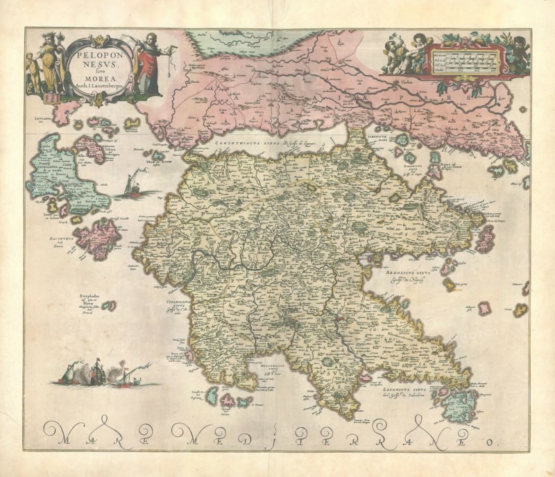 Map, Peloponnesvs sive Morea, Johann Lauremberg (1590-1658), Copperplate print