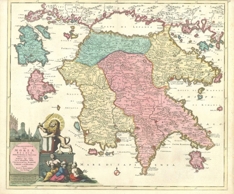 Map, Peloponnesus hodie Moreae regnum, Justus Danckertsz (1635-1701), Copperplate print