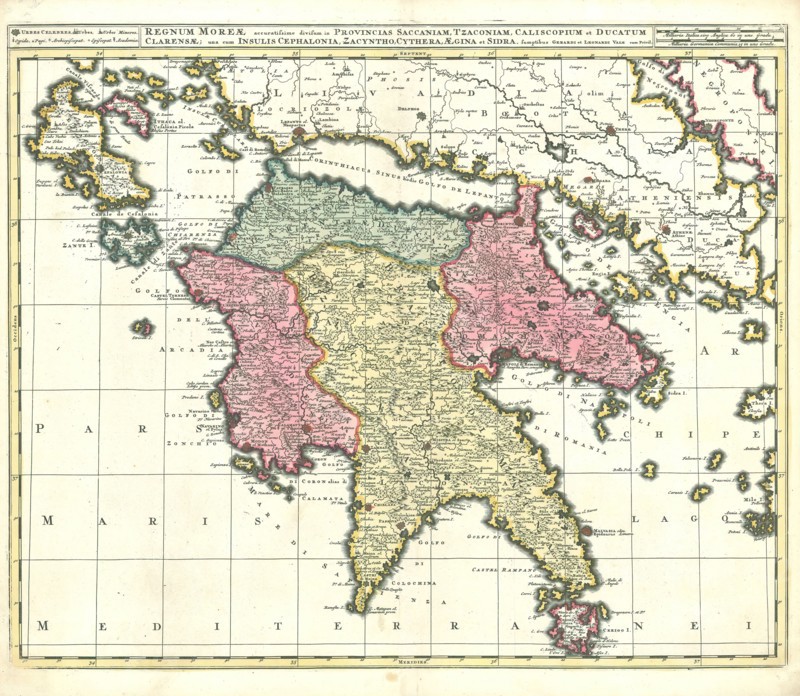 Map, Regnum Moreae accuratissime divisum in provincias Saccaniam, Tzaconiam, Caliscopium et ducatum Clarensae una cum insulis Cephalonia, Zacyntho, Cythera, Aegina et Sidra, Copperplate print