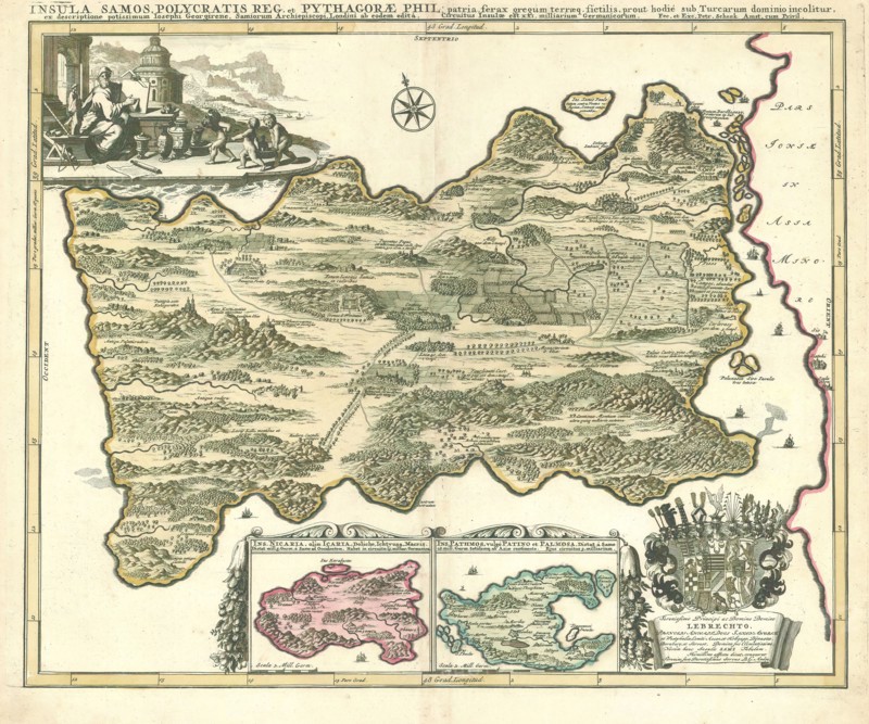 Map, Insula Samos, Polycratis reg. et Pythagorae Phil. patria ... prout hodié sub Turcarum dominio incolitur, ex descriptione ... Josephi Georgirene, Samiorum archiepiscopi, Londini ab eodem editá, Petrus Schenk (1660-1718/9), Copperplate print