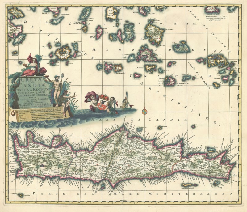 Map, Cretae seu Candiae insula et regnum cum diversis aliis archipelagi insulis tam in particularia quam generalia territoria, Nicolaes Jansz. Visscher (1649-1702), Copperplate print
