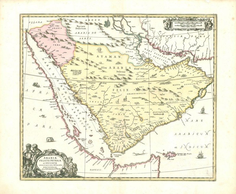 Map, Arabiae Felicis, Petraeae et Desertae nova et accurata delineatio, Copperplate print