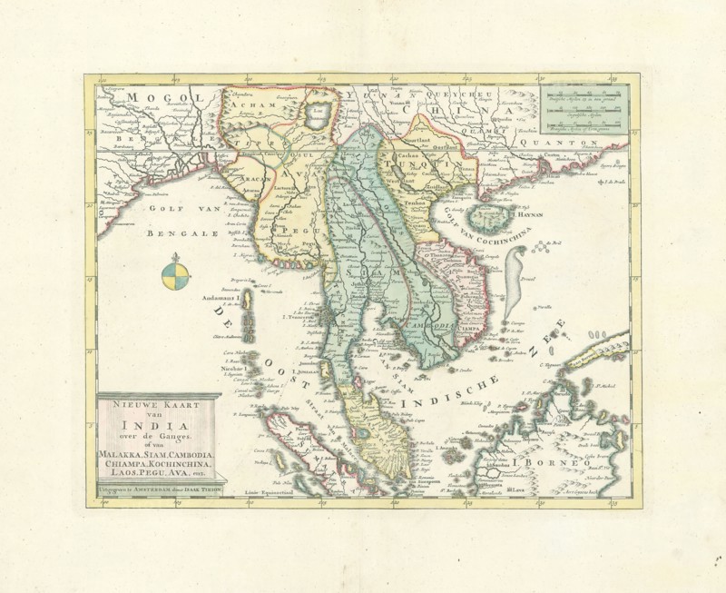 Map, Nieuwe kaart van India over de Ganges, of van Malakka, Siam, Cambodia, Chiampa, Kochinchina, Laos, Pegu, Ava, enz, Copperplate print