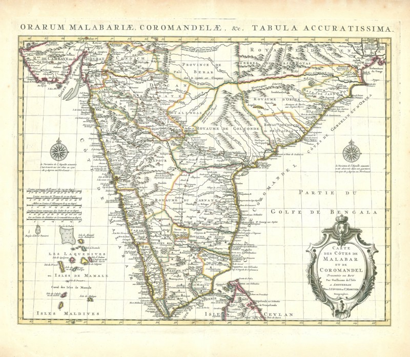 Map, Carte des côtes de Malabar et de Coromandel, Guillaume Delisle (1675-1726), Copperplate print