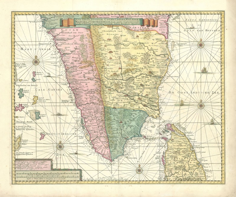 Map, Nova tabula terrarum Cucan, Canara, Malabaria, Madura, & Coromandella, cum parte septentrionali insulae Ceylon, in mari Indico Orientali, Adriaan Reland (1676-1718), Copperplate print