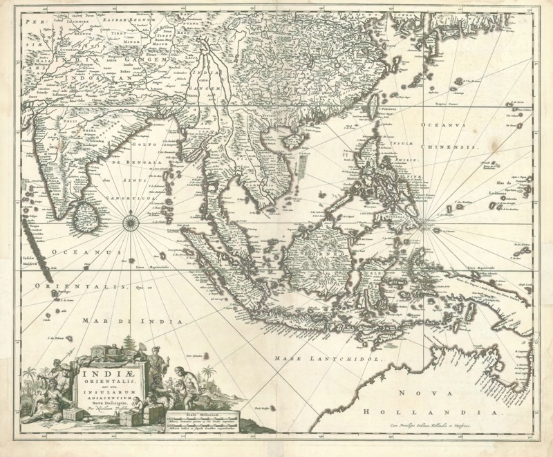 Map, Indiae Orientalis nec non insularum adiacentium nova descriptio, Nicolaes Jansz. Visscher (1649-1702), Copperplate print