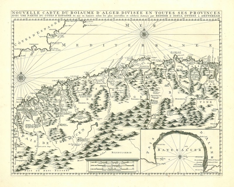 Map, Nouvelle carte du Roiaume d'Alger, divisée en toutes ses provinces, avec une partie du côtes d'Espagne &c., Reinier Ottens (1698-1750), Copperplate print