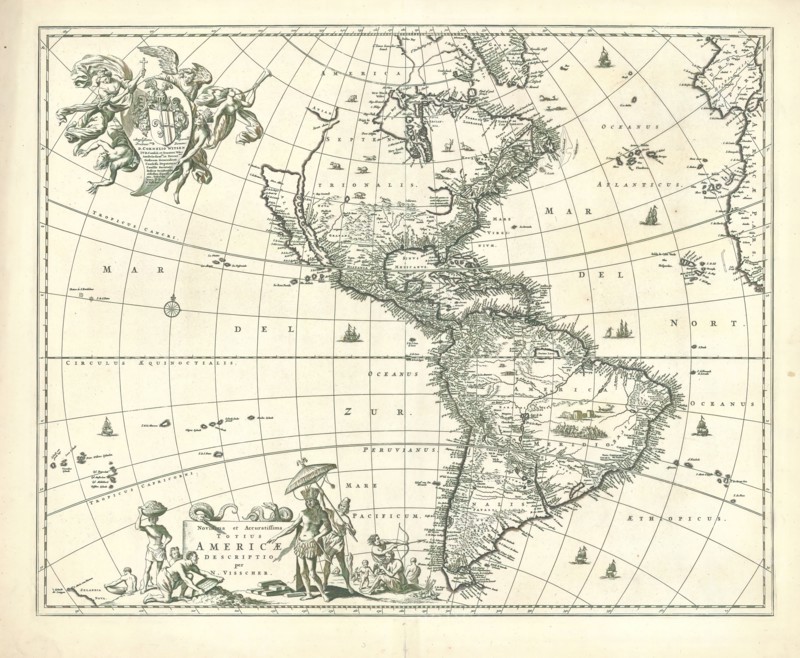 Map, Novissima et accuratissima totius Americæ descriptio, Nicolaes Jansz. Visscher (1649-1702), Copperplate print