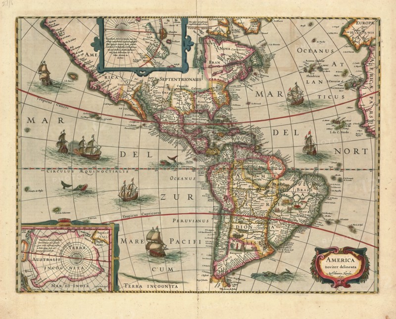 Map, America noviter delineata, Henricus Hondius (1597-1651), Copperplate print