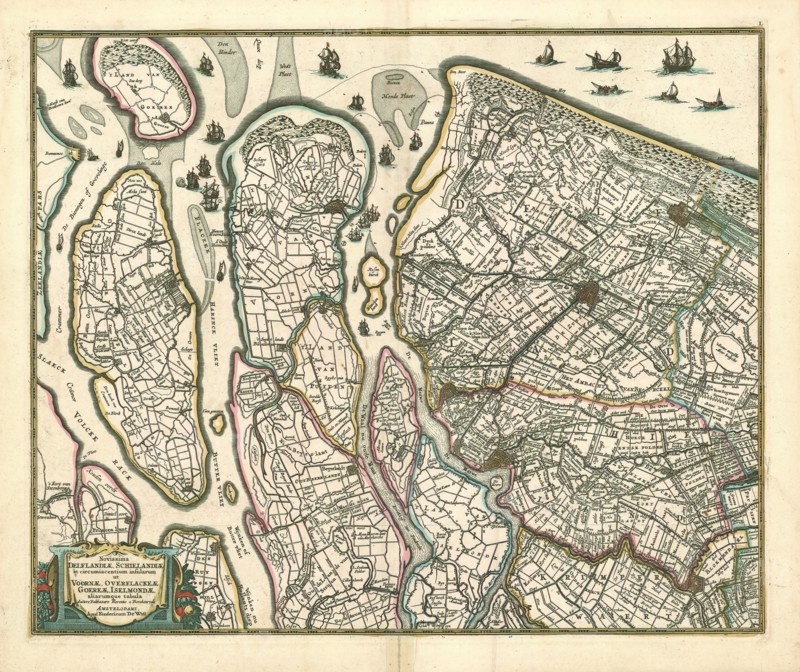 Map, Novissima Delflandiae, Schielandiae et circumiacentium insularum ut Voornae, Overflackeae, Goereae, Iselmondae aliarumque tabula, Balthasar Florisz. van Berckenrode (c. 1591-1646), Copperplate print