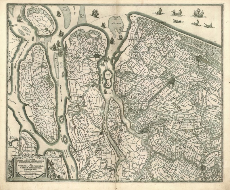 Map, Novissima Delflandiae, Schielandiae et circumiacentium insularum ut Voornae, Overflackeae, Goereae, Iselmondae aliarumque tabula, Balthasar Florisz. van Berckenrode (c. 1591-1646), Copperplate print