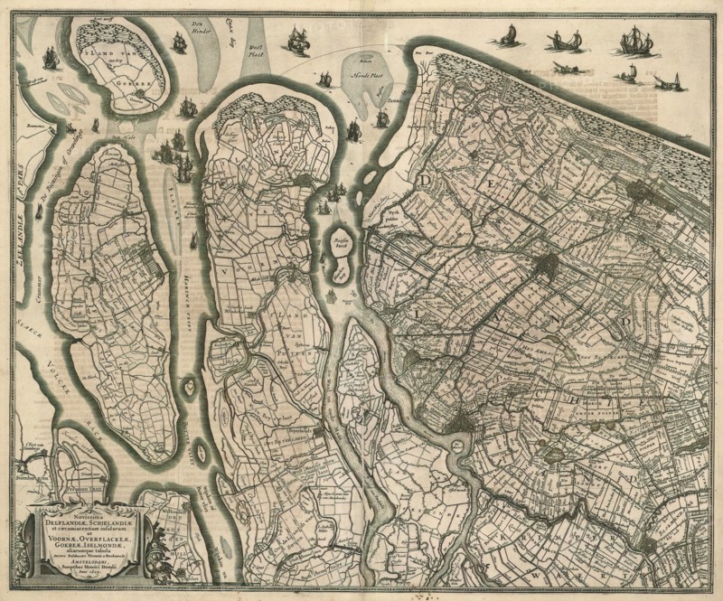 Map, Novissima Delflandiae, Schielandiae et circumiacentium insularum ut Voornae, Overflackeae, Goereae, Iselmondae aliarumque tabula, Balthasar Florisz. van Berckenrode (c. 1591-1646), Copperplate print