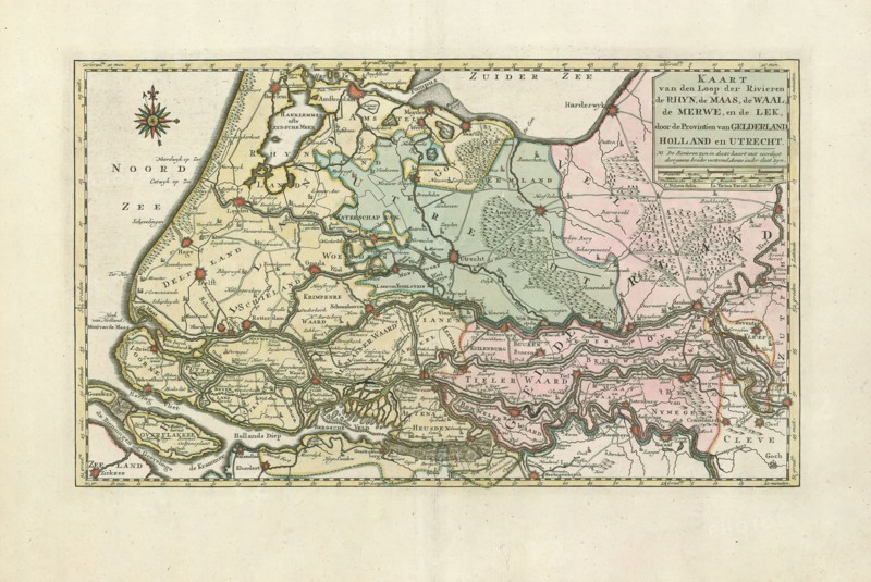 Map, Kaart van den loop der rivieren de Rhijn, de Maas, de Waal, de Merwe, en de Lek, door de provincien van Gelderland, Holland en Utrecht, Cornelis Velsen (1728-1749 fl.), Copperplate print