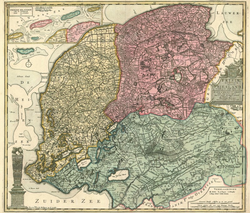 Map, Frisiae Dominium vernaculè Friesland, verdeeld in de Hoofd-deelen van Oostergoo, Westergoo en Sevenwolden. Als ook der XI steden zynde noch onderscheiden de XXX Grieten?en, François Halma (1653-1722), Copperplate print