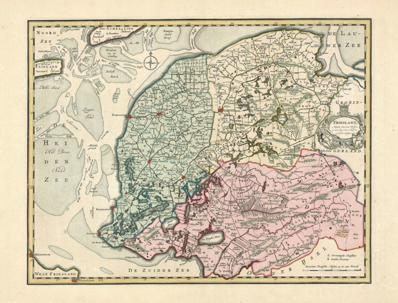 Map, Friesland, met de Zee ten Westen in haar Stroomen en Zanden, nooit dus uitgegeeven, F. Ottens, Copperplate print