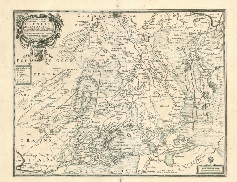 Map, Illustribus ac potentibus comitatus Drentiae D.D. Statoribus ... Reflorescentis Provinciae et Westerwoldiae Dominii Typum Emendatum LMQ dedicat Cornelius P?nacker 1634, Cornelis van Pijnacker (1570-1645), Copperplate print