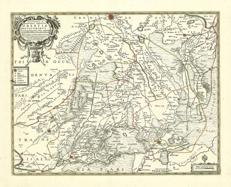 Map, Illustribus ac potentibus comitatus Drentiae DD. Statoribus ... Reflorescentis Provinciae et Westerwoldiae Dominii Typum Emendatum LMQ dedicat Cornelius Pynacker, Cornelis van Pijnacker (1570-1645), Copperplate print
