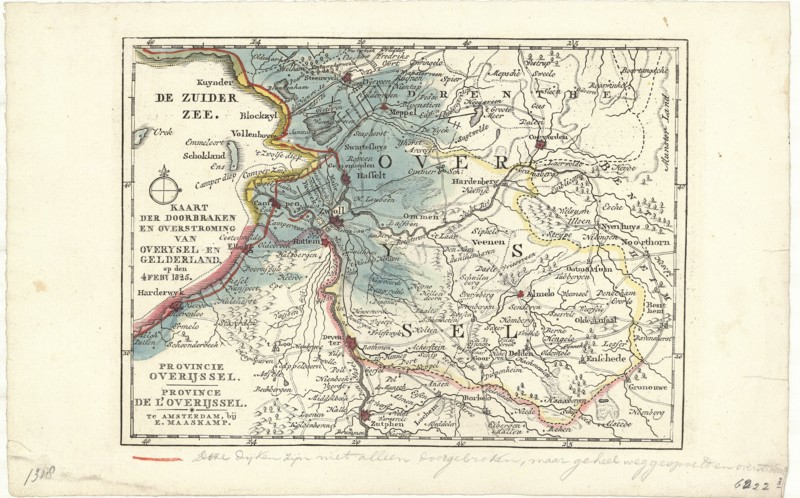 Map, Kaart der doorbraken en overstroming van Overysel en Gelderland op den 4 feb.y 1825, Copperplate print