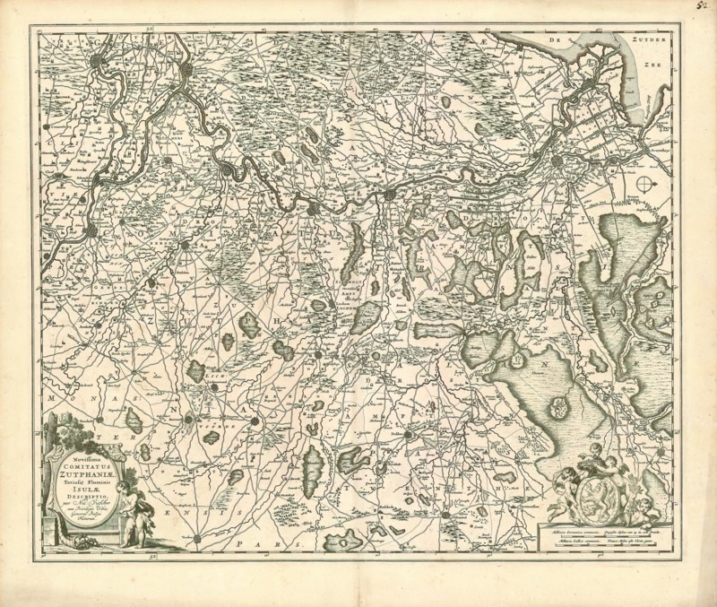 Map, Novissima Comitatus Zutphaniae totiusque fluminis Isulae descriptio, Nicolaes Jansz. Visscher (1649-1702), Copperplate print