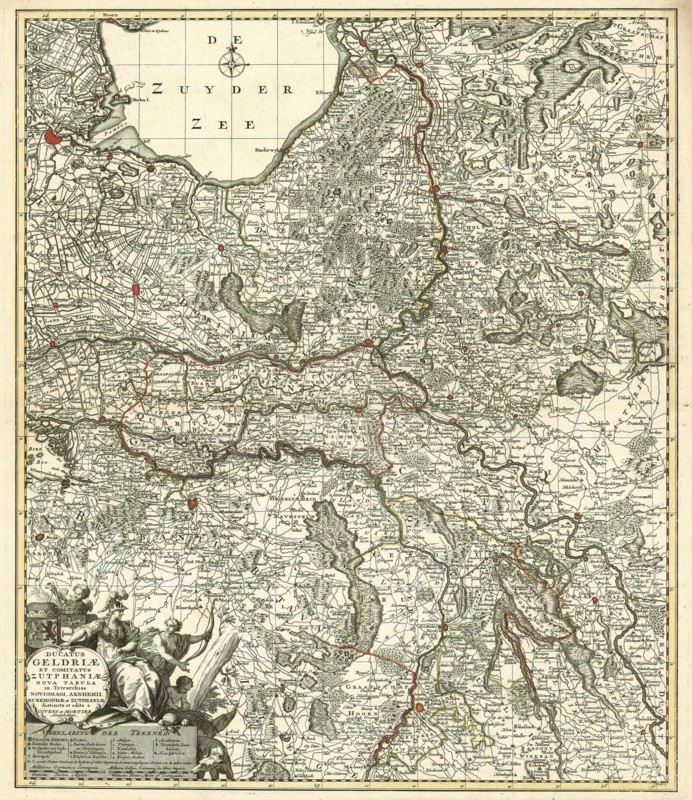 Map, Ducatus Geldriae et comitatus Zutphaniae nova tabula in tetrarchias Noviomagi, Arnhemii, Ruremondae et Zutphaniae, Copperplate print