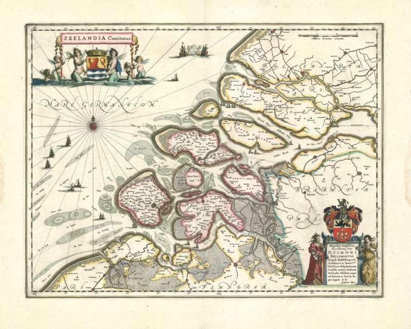 Map, Zeelandia comitatus, Willem Jansz Blaeu (1571-1638), Copperplate print