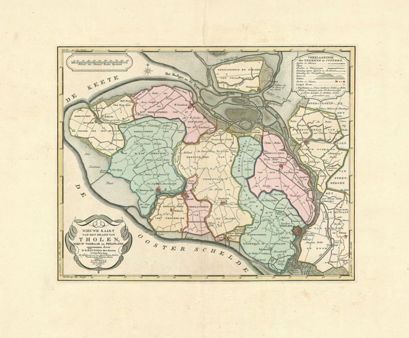 Map, Nieuwe kaart van het eiland van Tholen, Nieuw Vosmaar en Philipland, Willem Tiberius Hattinga (1700-1764), Copperplate print