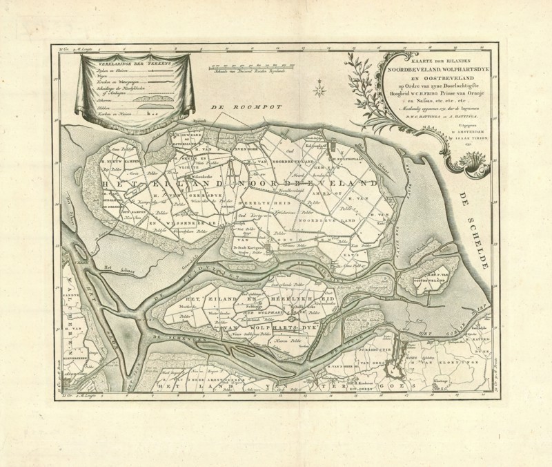 Map, Kaarte der eilanden Noordbeveland, Wolphartsdyk en Oostbeveland, David Willem Coutry Hattinga (1730-1789), Copperplate print