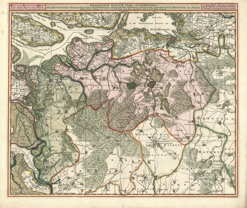 Map, Brabantiae Batavae pars occidentalis, sive Antverpiensis tetrarchiae pars septentrionalis comprehendens Baroniam Bredanam, Marchionatum Bergensem ad Zomam, aliasque minores ditiones, Nicolaes Jansz. Visscher (1649-1702), Copperplate print