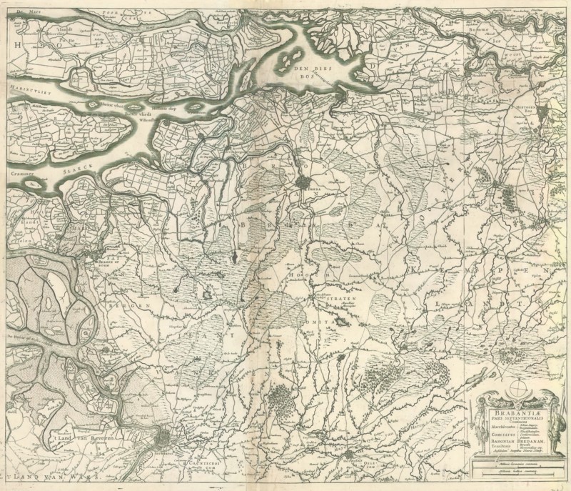 Map, Brabantiae pars septentrionalis continens marchionatus S. Rom. Impery, Bergozomanum, comitatus Hoochstratensem, Cantacrucianum, Oelanum, Baroniam Bredanam, territoria Ryense, Herentaliae etc, Copperplate print