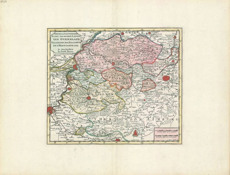 Map, Nieuwe en naauwkeurige kaart van de drie landen van Overmaaze, Valkenburg, Daalhem en 's Hertogenrade, Jacob Keyser (1710-1745 fl.), Copperplate print